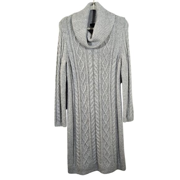 Y Talbots Cableknit Sweater Dress Size M Grey Silver Metallic Shimmer Cowl Neck - Picture 1 of 11